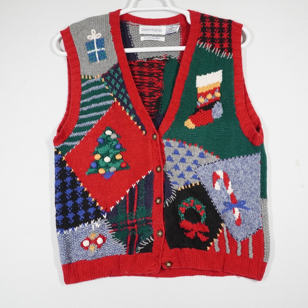 VTG Robert Scott Ltd Sweater Vest  M Red Patchwork Ugly Christmas Hand Knitted